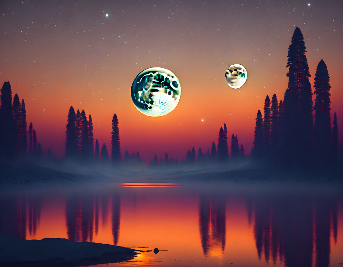 Twilight scene with vibrant orange sky, fantastical planets, reflection, and forest silhouette.