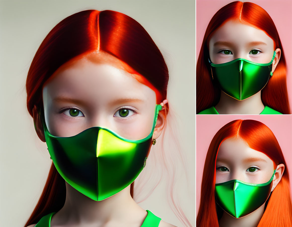 Red-haired girl in green face mask on pink background triptych