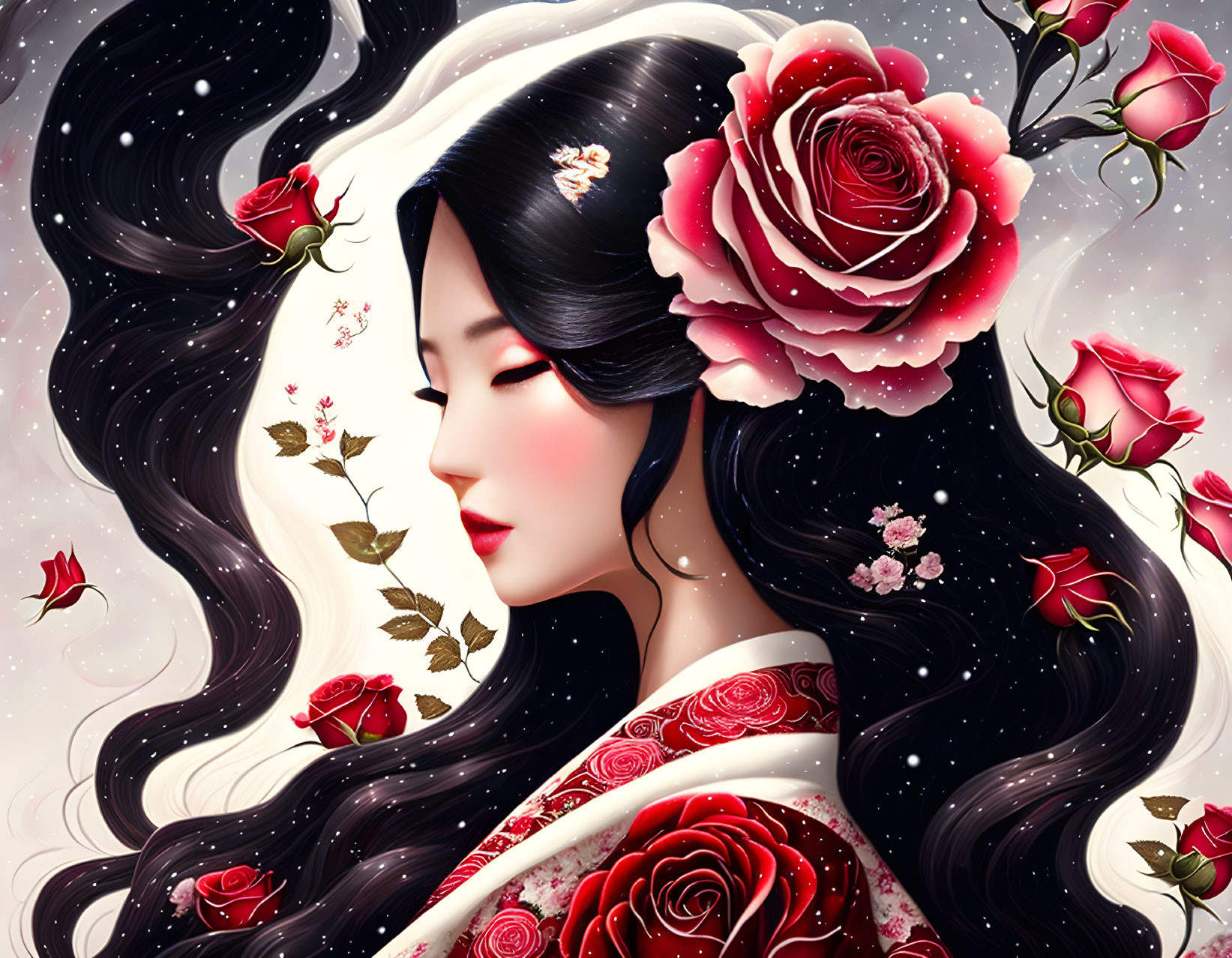 Illustration of woman with black hair and roses, surrounded by petals, on starry background