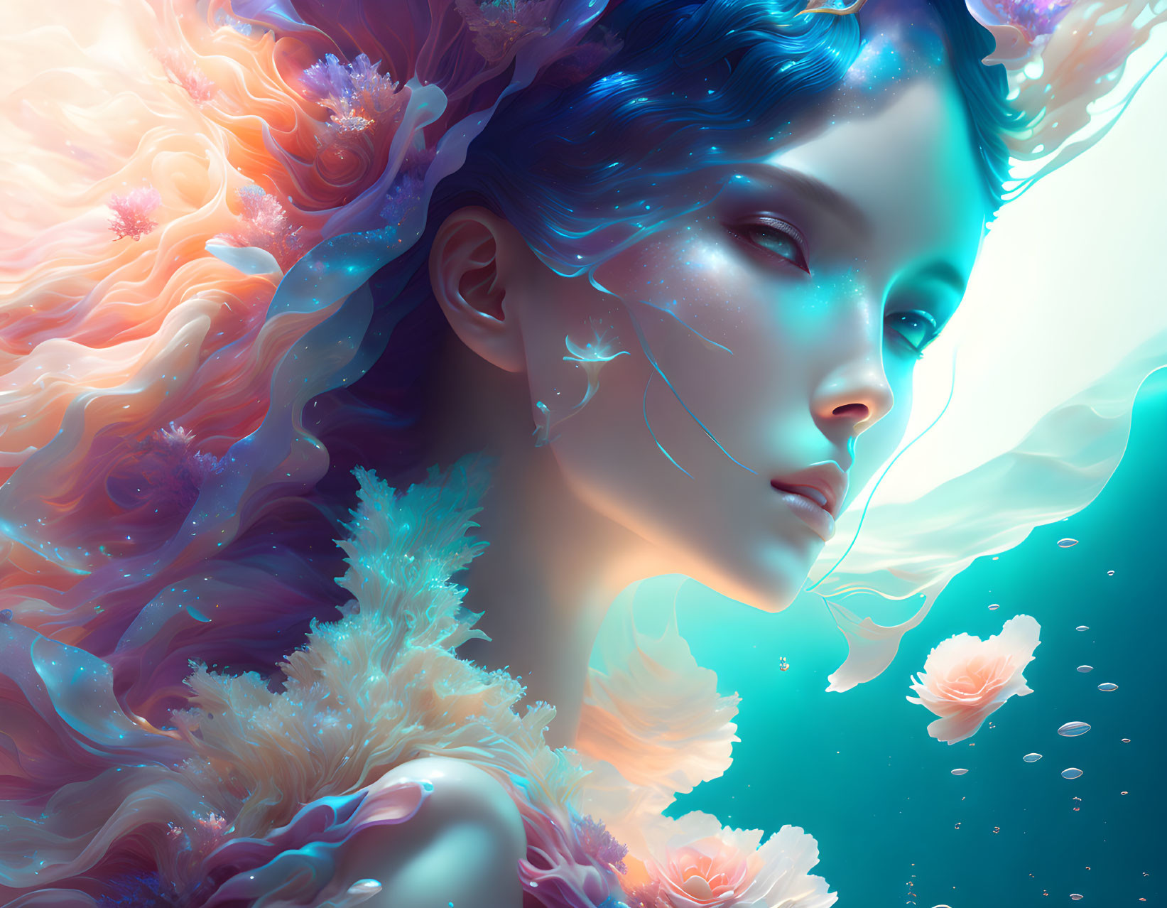 Surreal portrait of a woman with cosmic features and vibrant hair in blue and pink backdrop