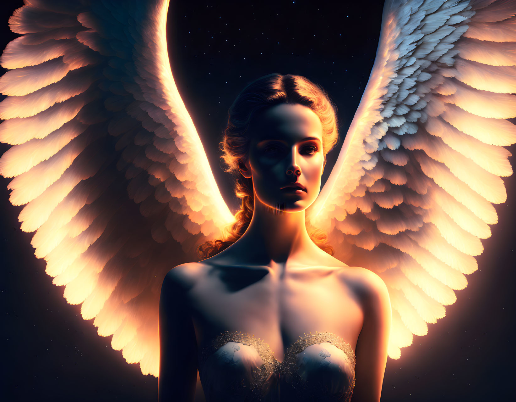 Ethereal figure with angelic wings in cosmic setting