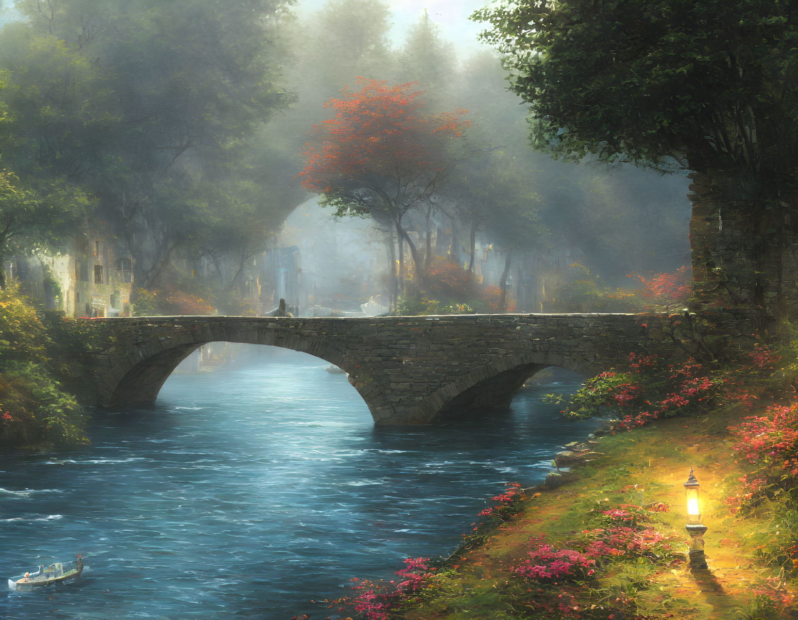 Misty riverscape with ancient stone bridge, rowboat, and streetlamp