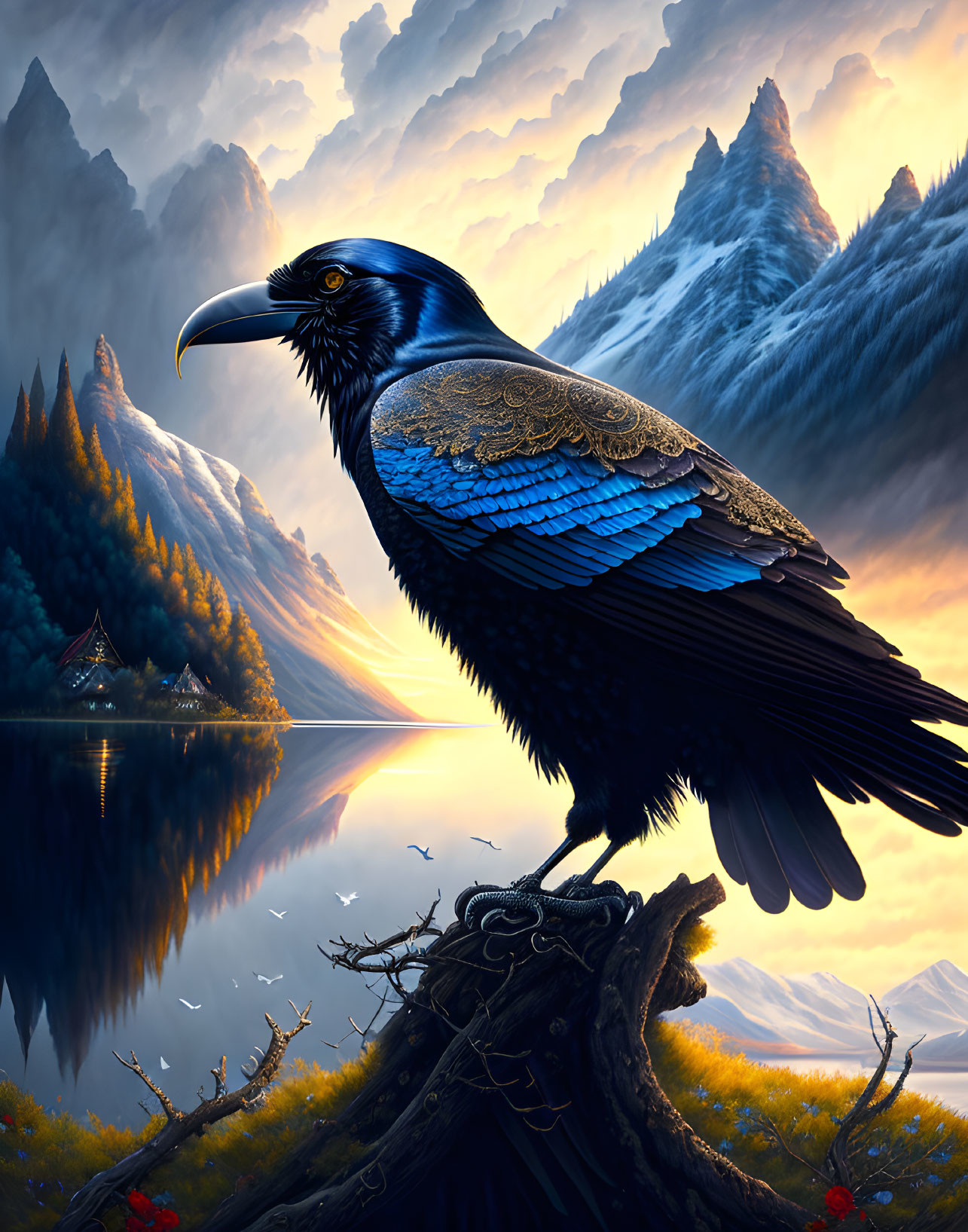 Majestic blue-feathered raven on tree stump by mountain lake at sunset