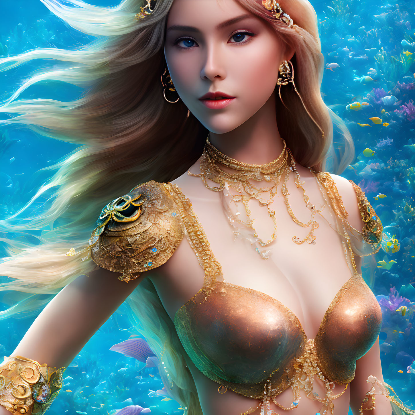 Detailed illustration of blonde mermaid with gold jewelry in underwater scene