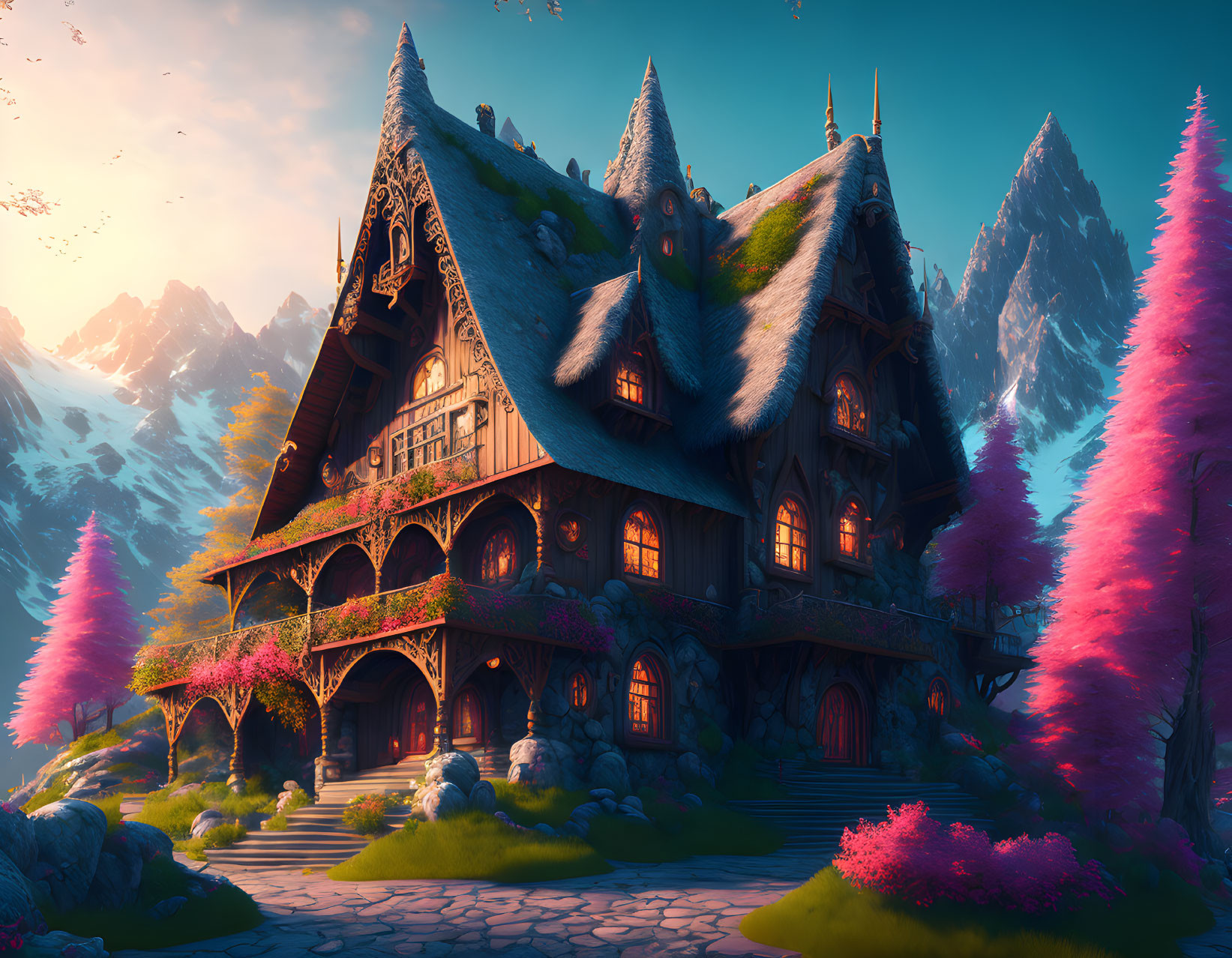 Whimsical multi-story wooden house with intricate carvings amidst pink trees and mountains at dusk