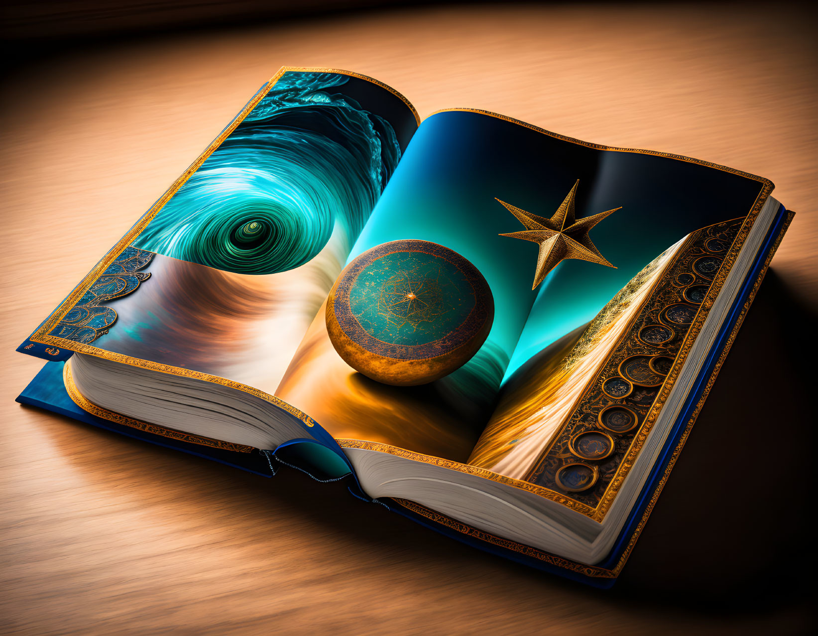 Magical open book with radiant pages, glowing orb, star swirls