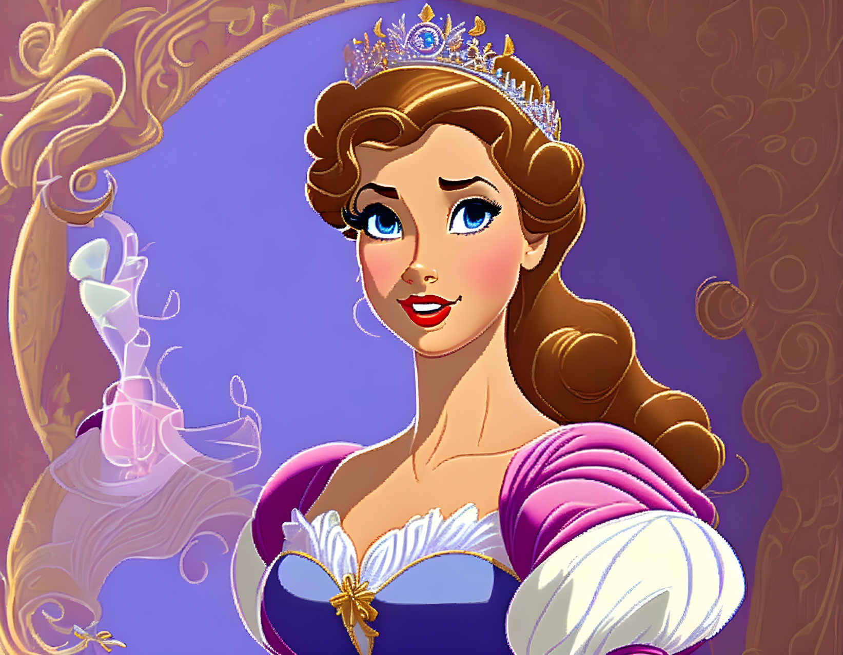 Brown-haired princess in purple dress with crown and necklace, fantasy mirror and candle in background