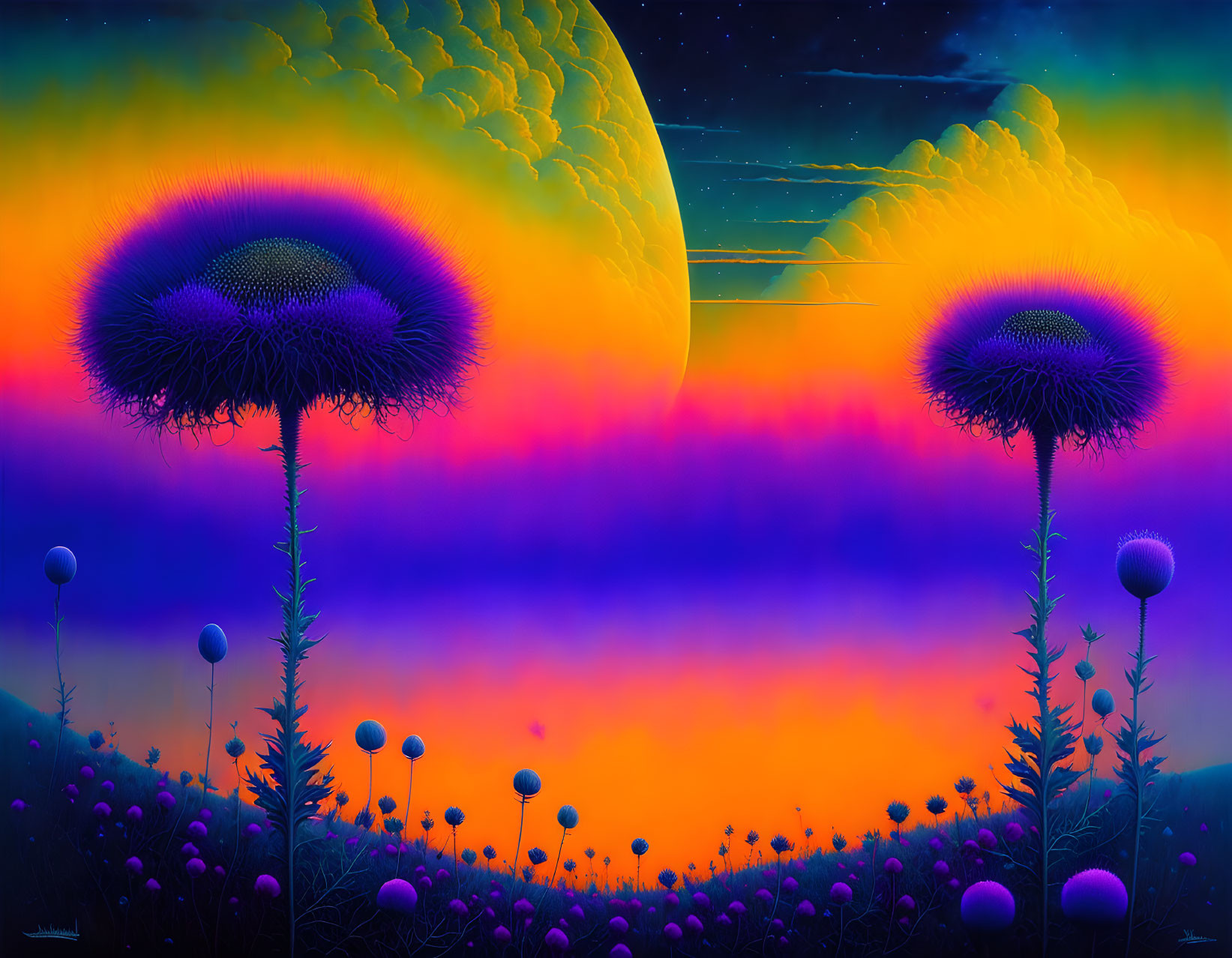 Colorful digital artwork: Dandelion-like plants under a moonlit sky