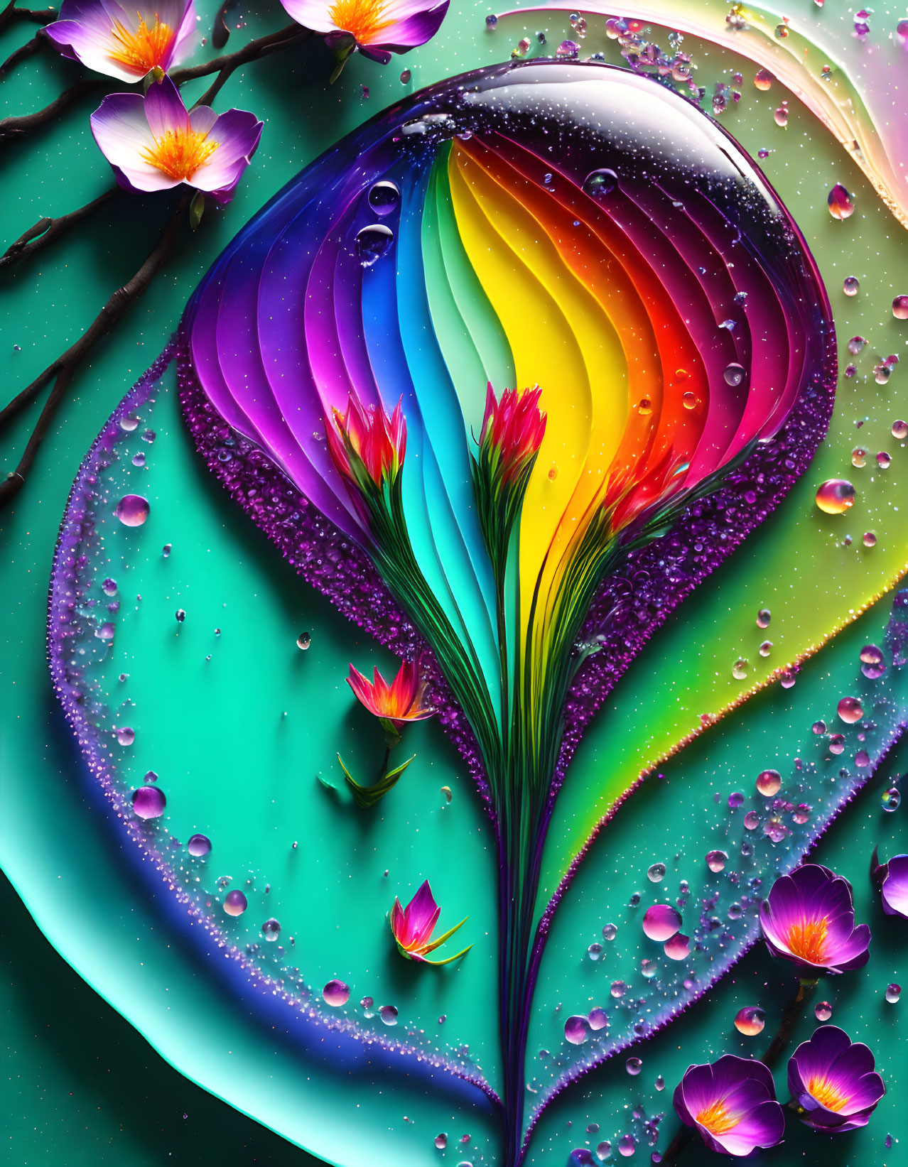 Colorful digital artwork: Rainbow leaf with water droplets and flowers