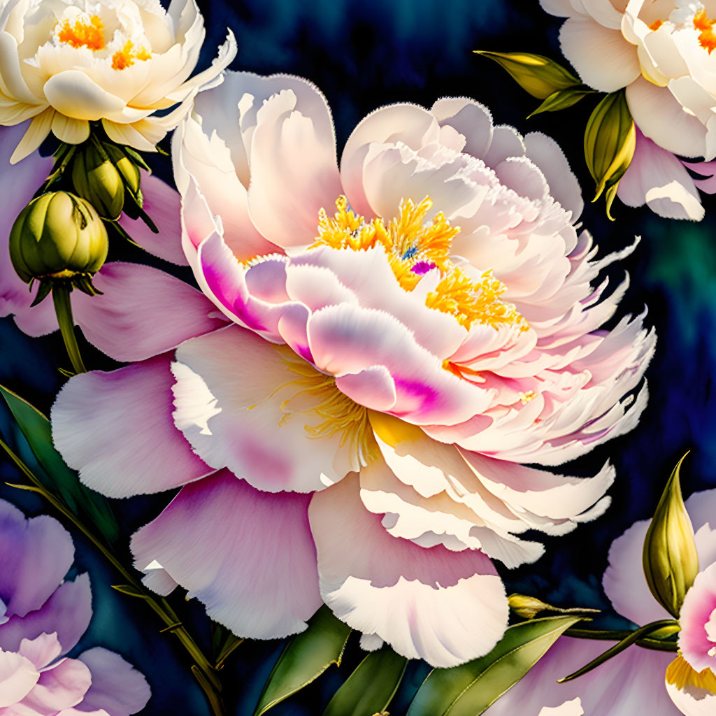 Detailed Illustration of Lush Peony Flower in White and Pink Petals