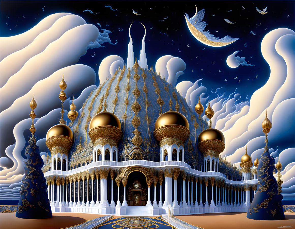 Ornate palace with golden domes under a night sky