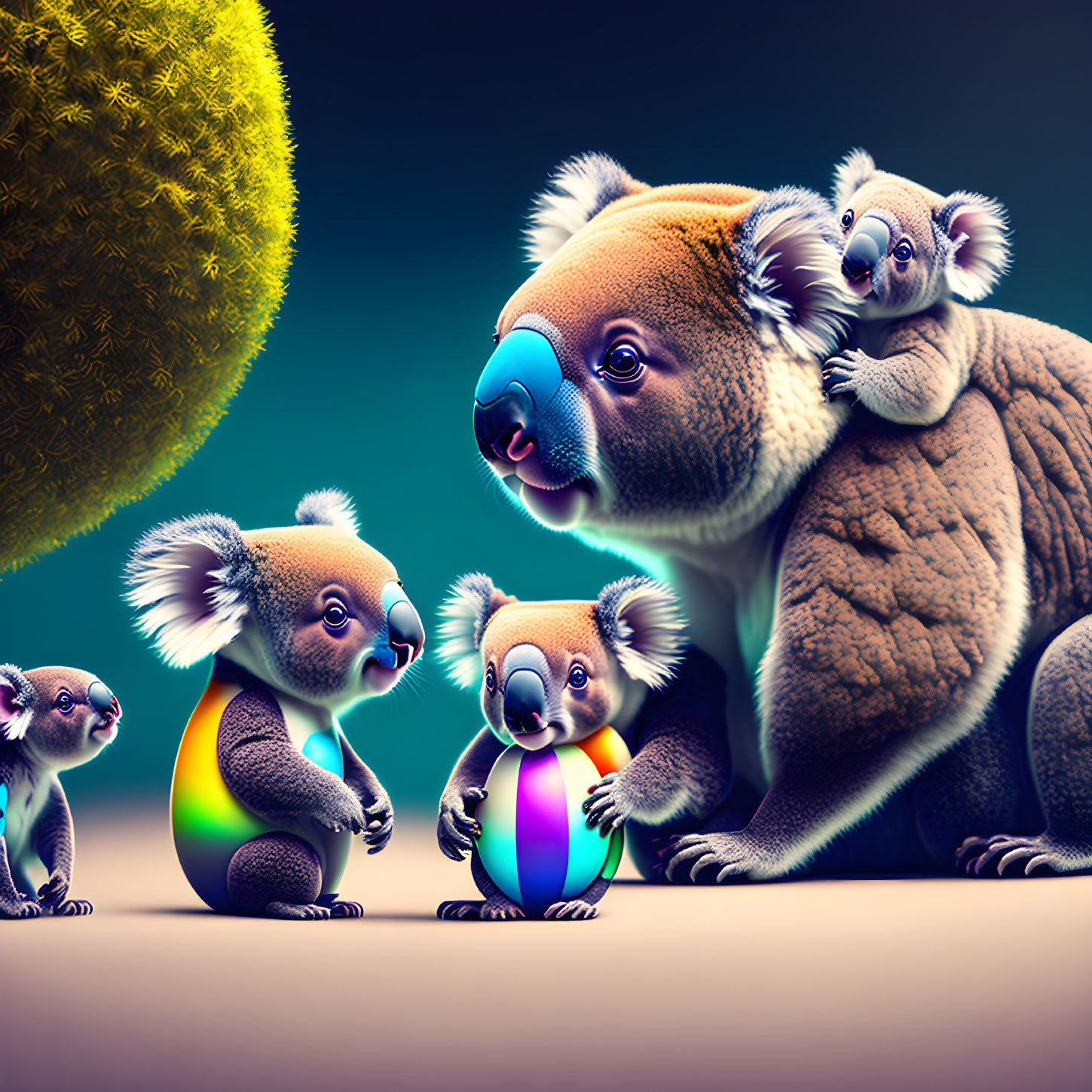 Vibrant Koala Illustration with Beach Ball and Baby Koala