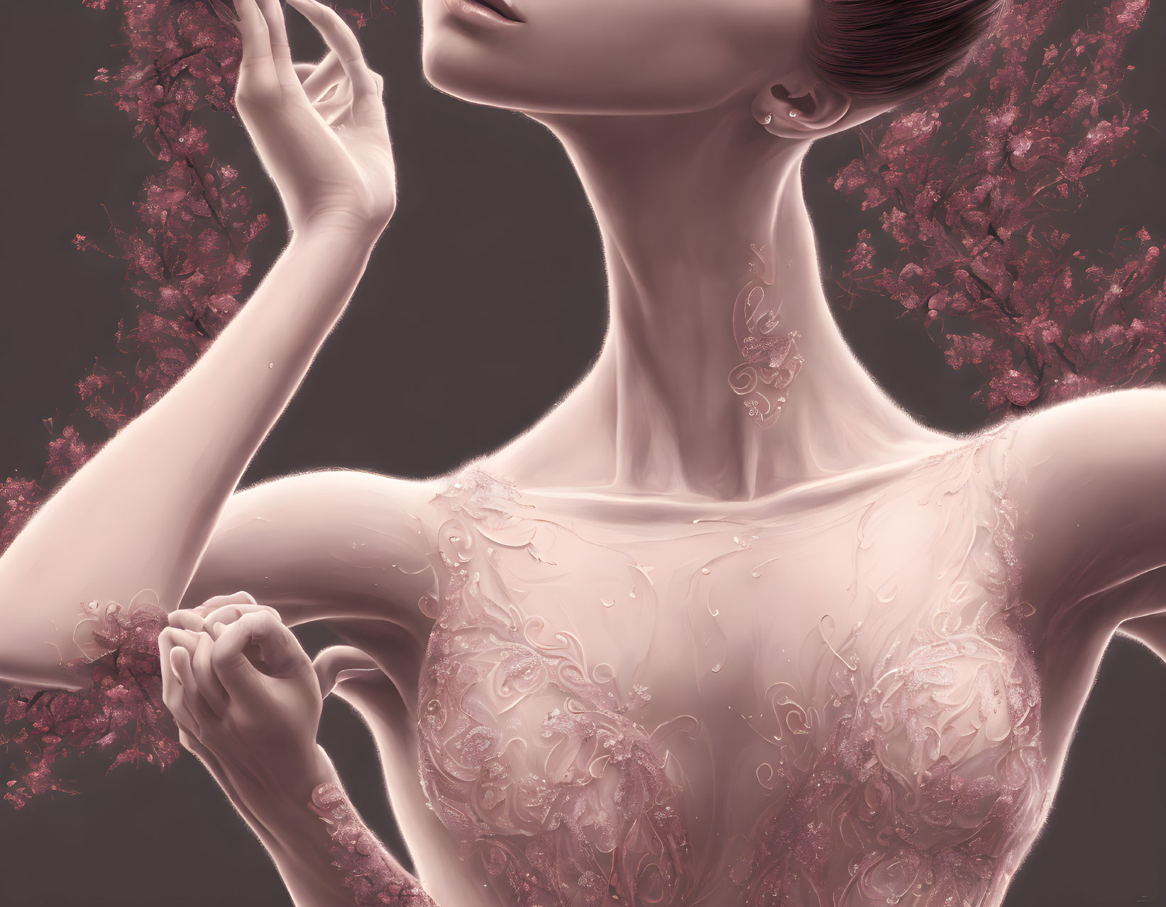 Illustration of woman in translucent attire with floral patterns and pink blossoms in hair