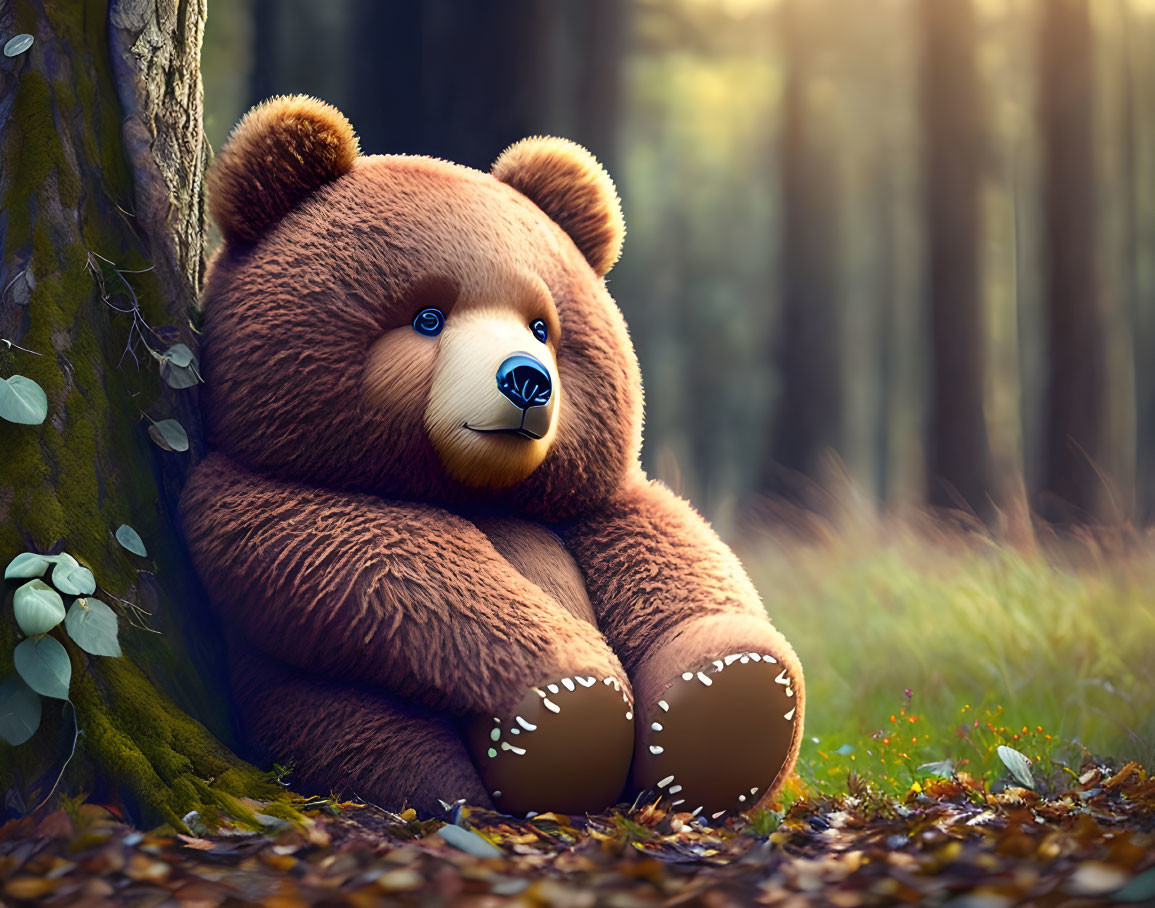 Plush teddy bear in forest with sunlight filtering through trees