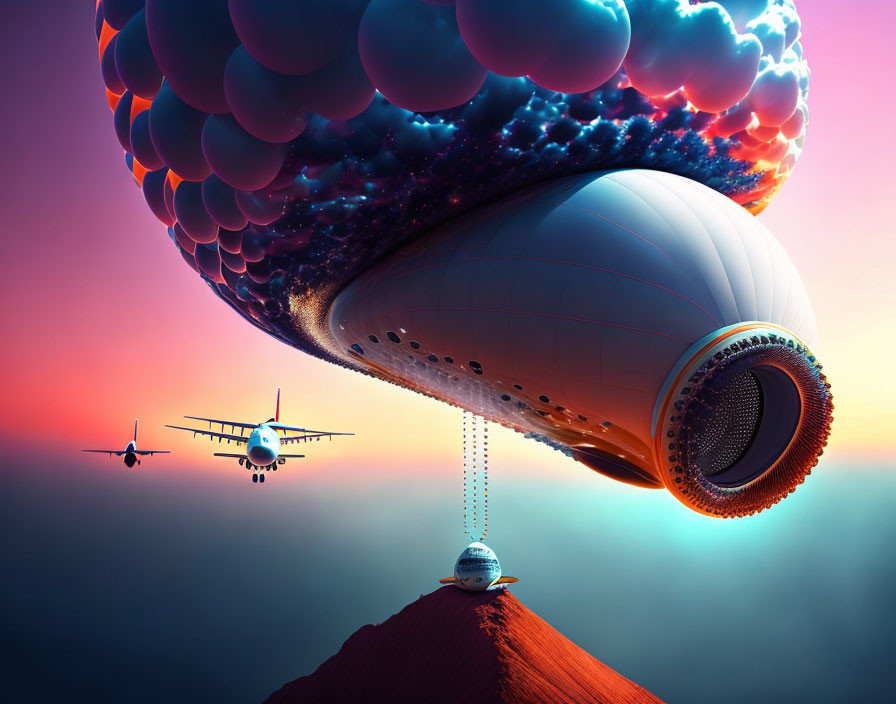 Fantastical airship with bubble texture over mountain peak and planes in surreal sky