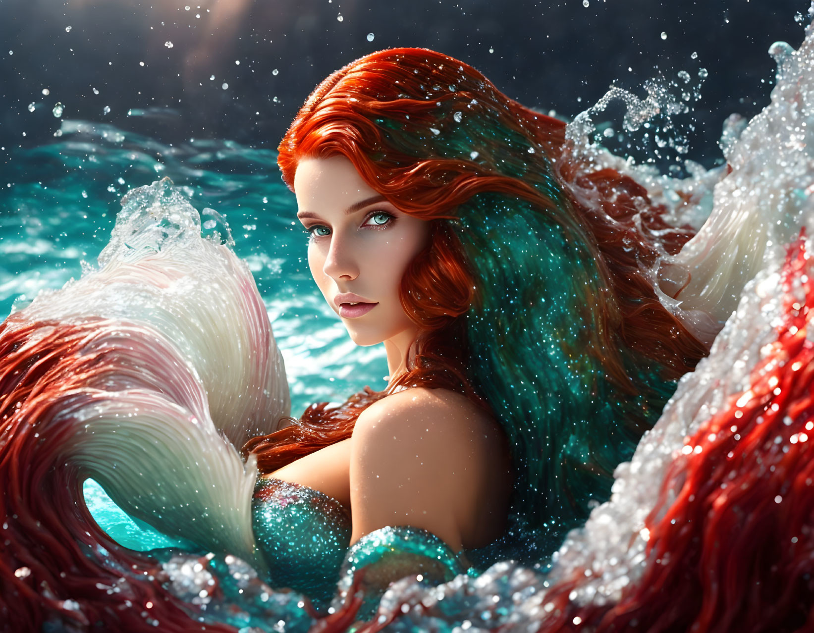 Mermaid digital art: Red-haired mermaid in water with blue eyes