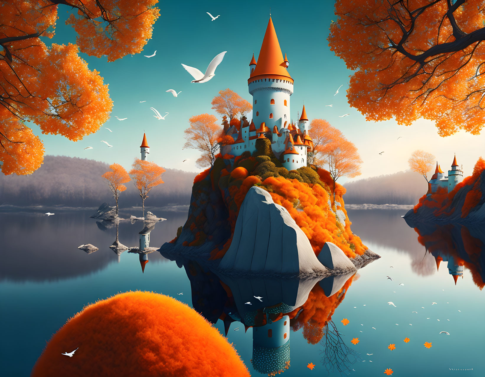 Castle on rocky island surrounded by lake in autumnal scene