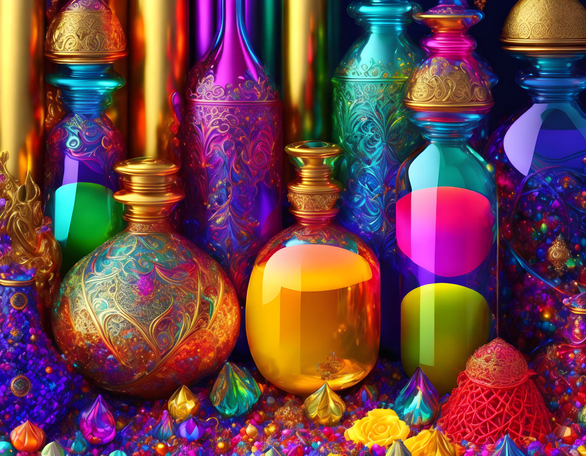 Colorful ornate bottles with intricate patterns and gemstones in mystical setting