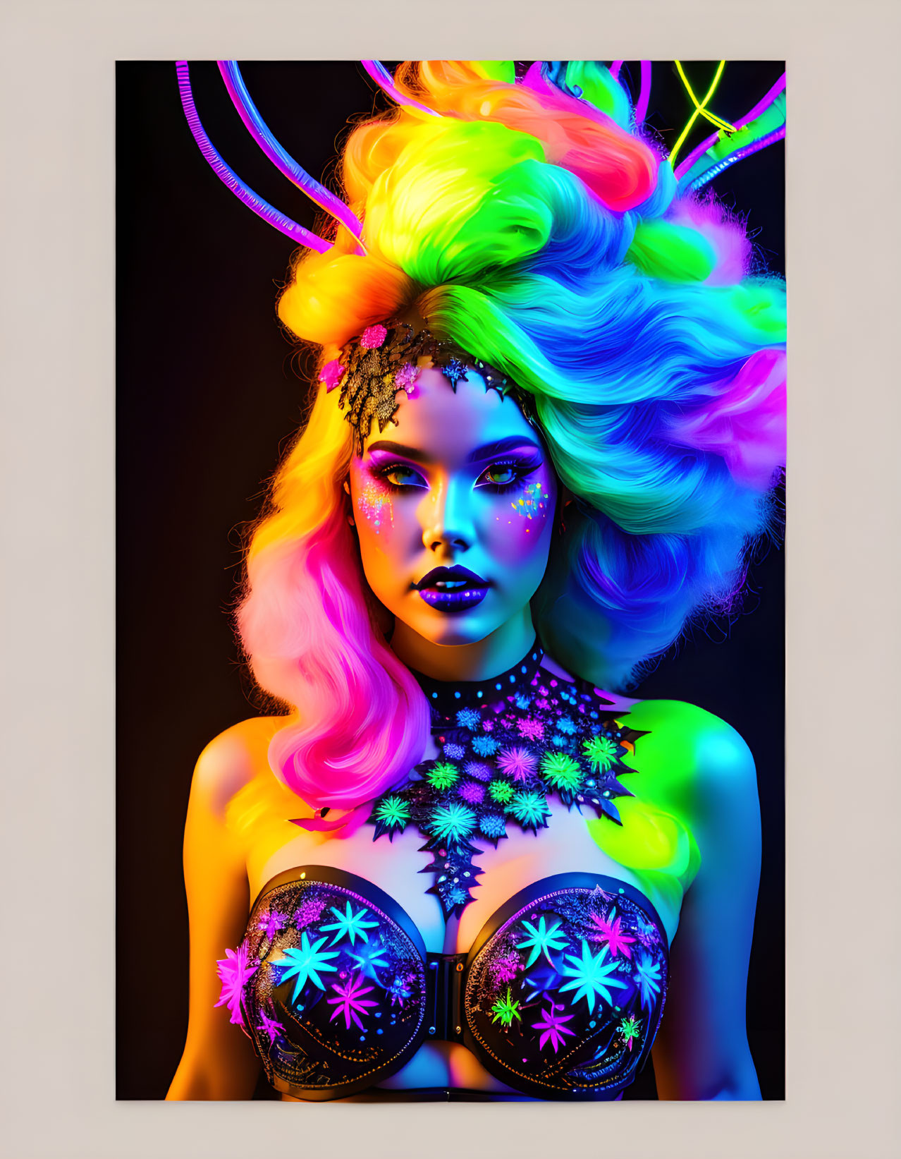 Colorful portrait of woman with neon hair, horn-like accessories, and starry makeup.