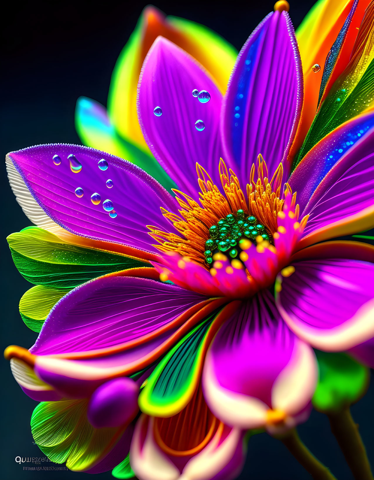 Close-up of vibrant purple and orange flower with water droplets