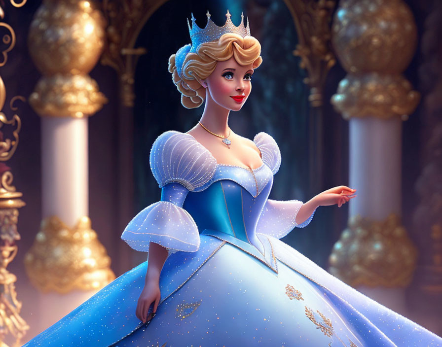 Animated princess in blue gown and crown in ornate ballroom