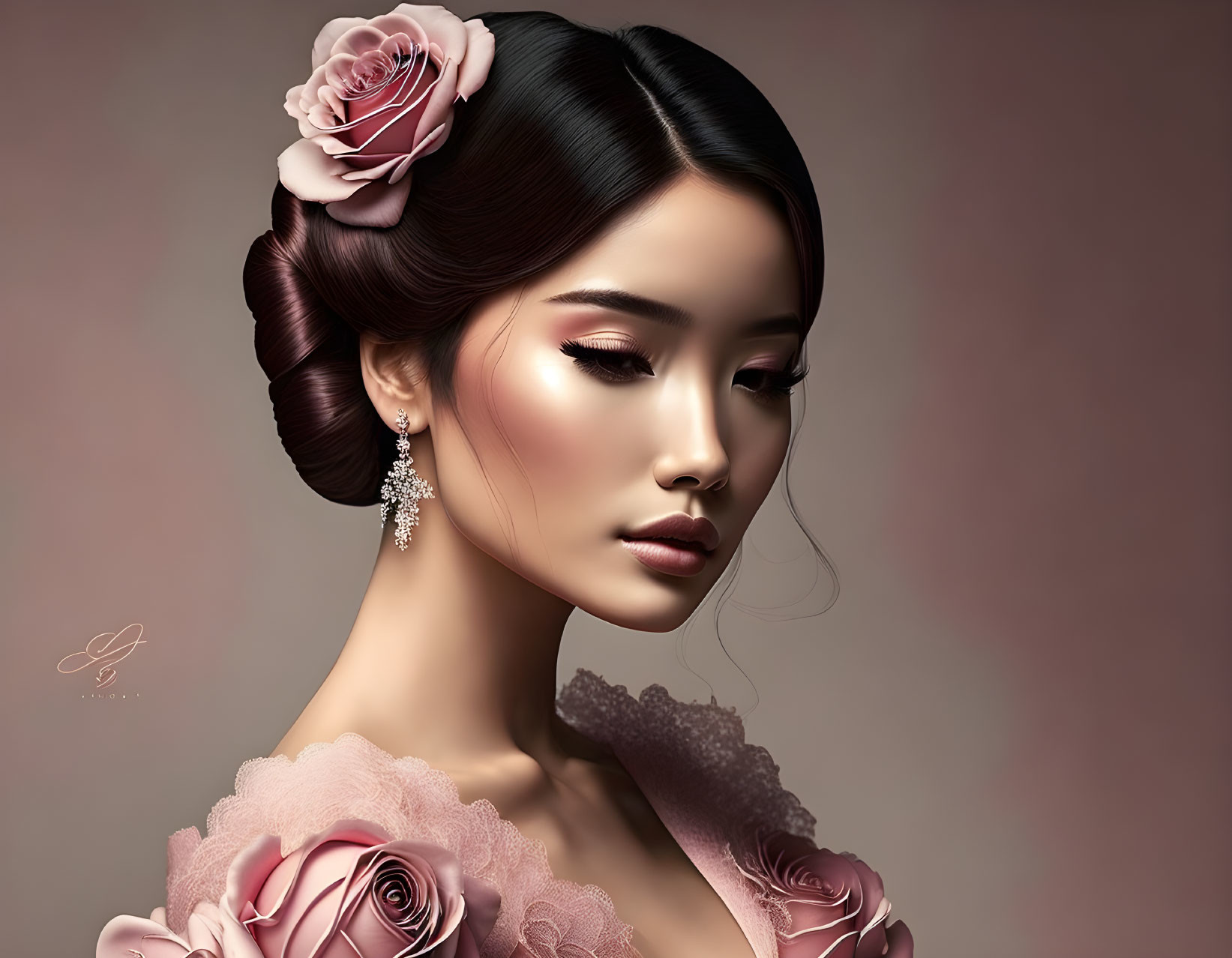 Digital artwork: Woman with updo, roses, pearl earring, rose outfit