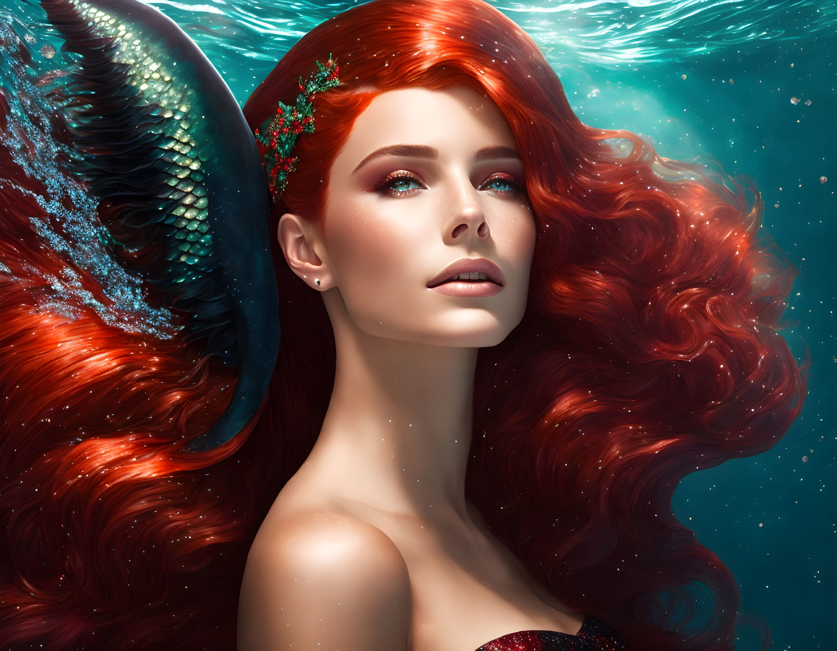 Vibrant red-haired mermaid partially submerged in water