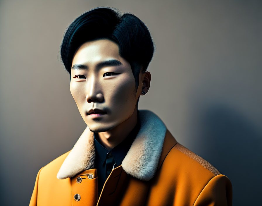 Stylish man in orange coat with fur collar on gradient background