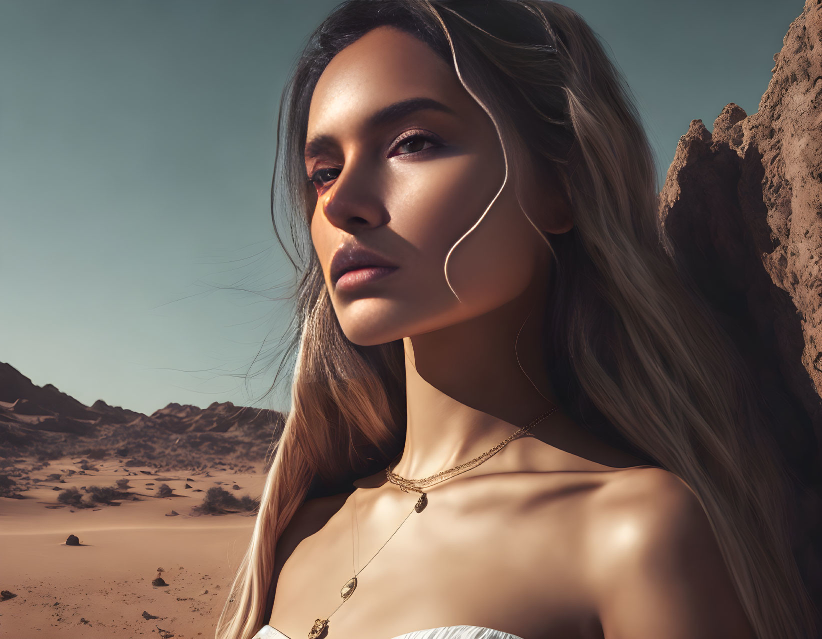 Striking Woman with Long Hair in Desert Landscape