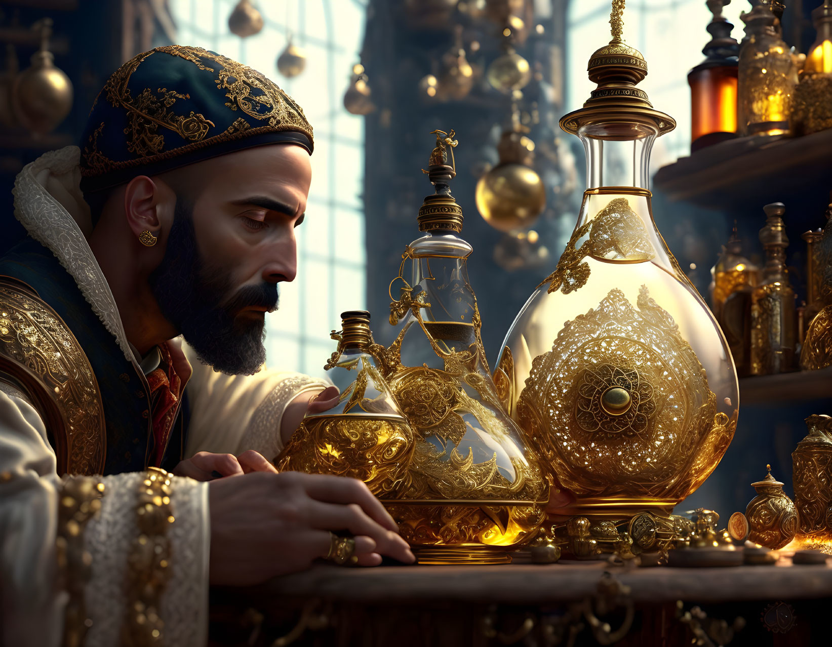 Regally dressed man surrounded by ornate golden vessels and luxurious decor.