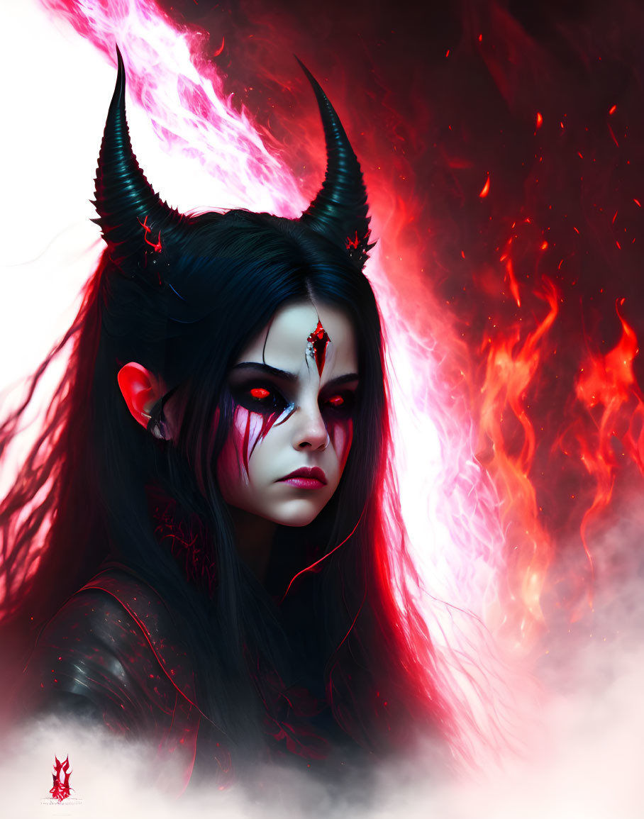 Dark-haired fantasy character with pointed ears, red eyes, and horns engulfed in swirling flames.