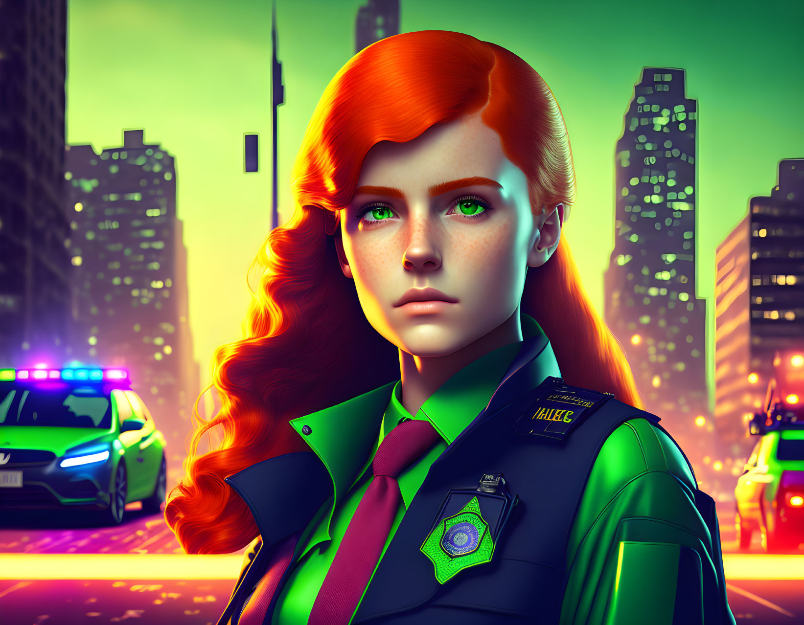 Red-haired police officer in uniform with badge in cityscape at dusk