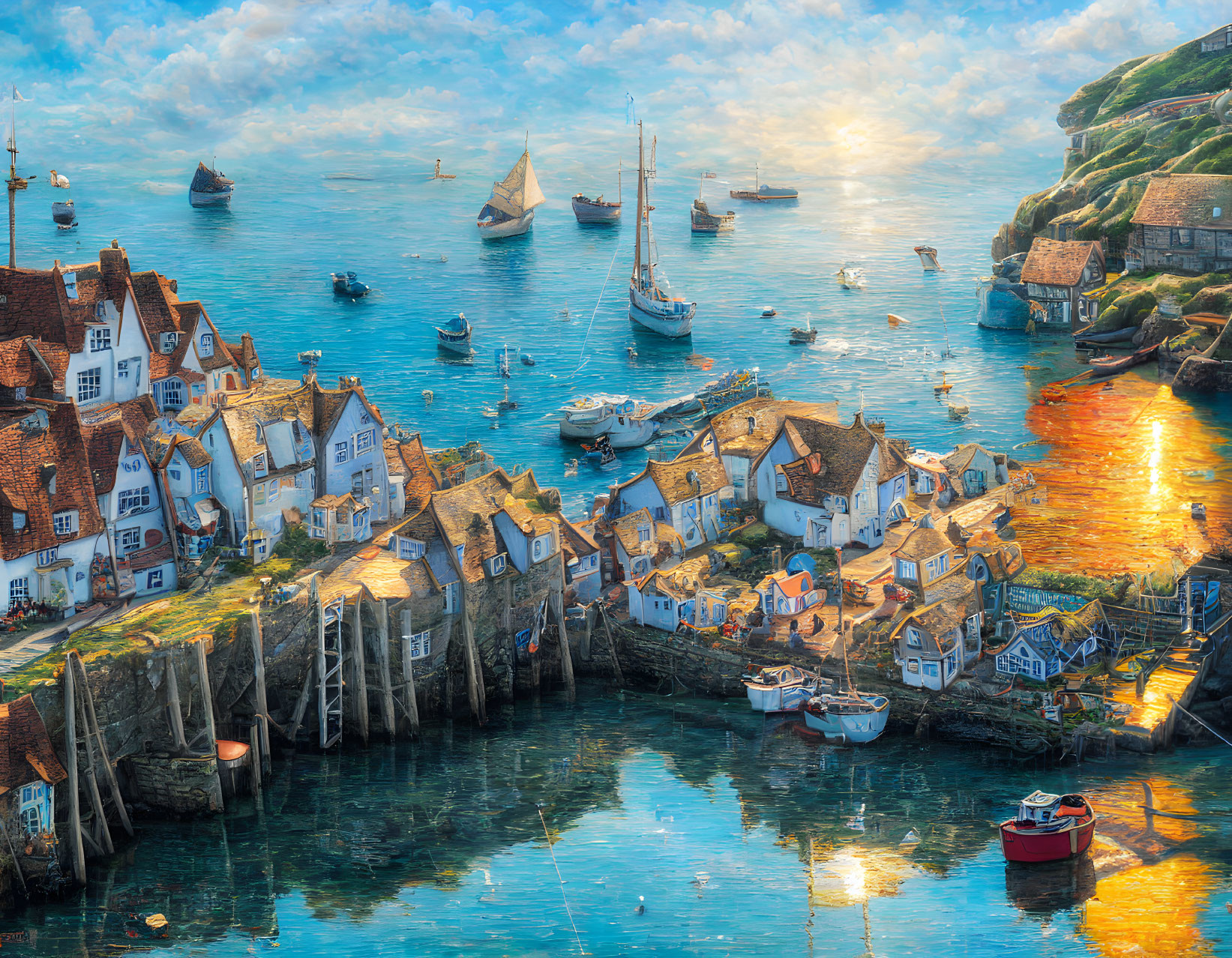 Picturesque Coastal Village: Cliff Houses & Shimmering Harbor