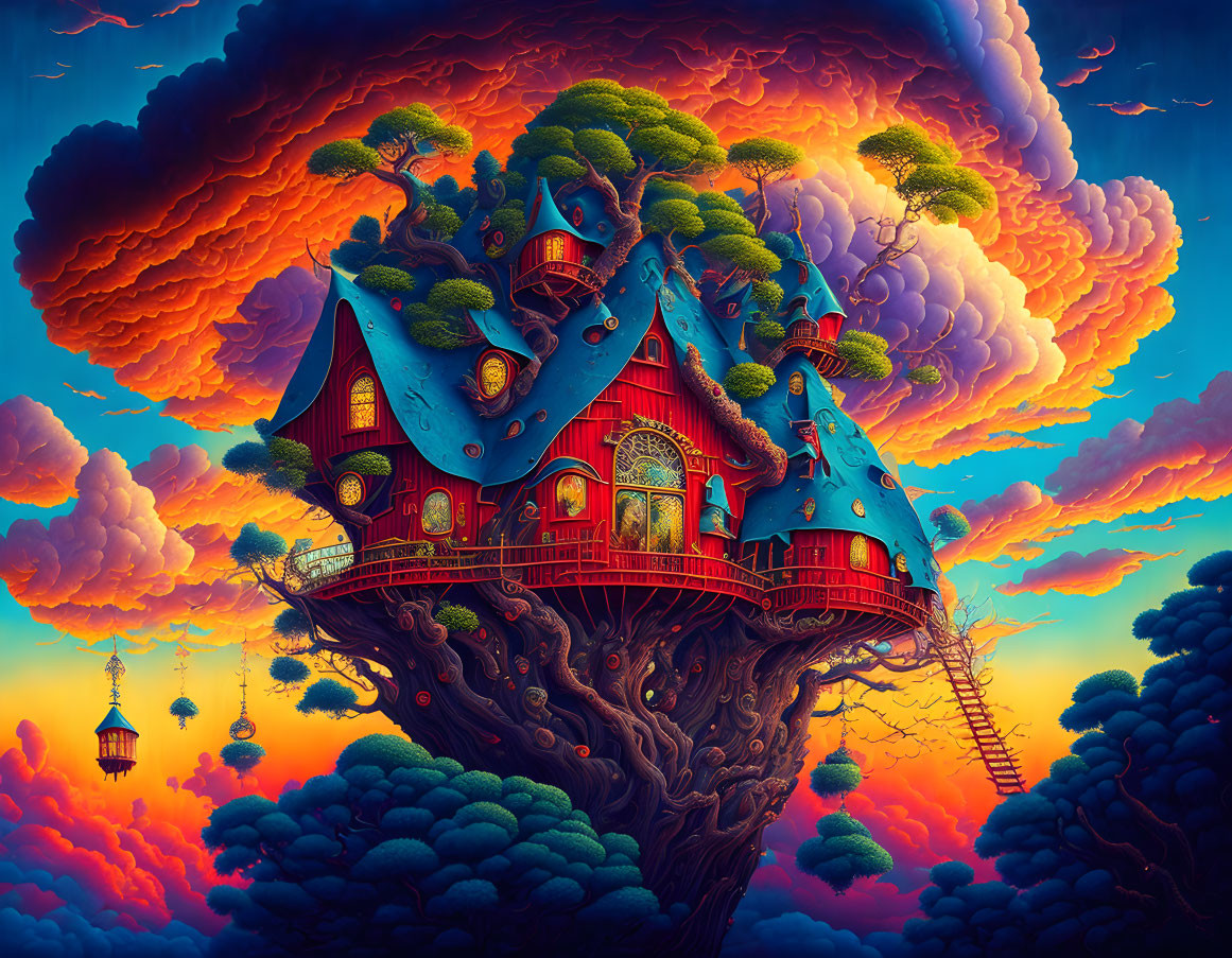 Colorful Fantasy Treehouse Illustration with Sunset Sky