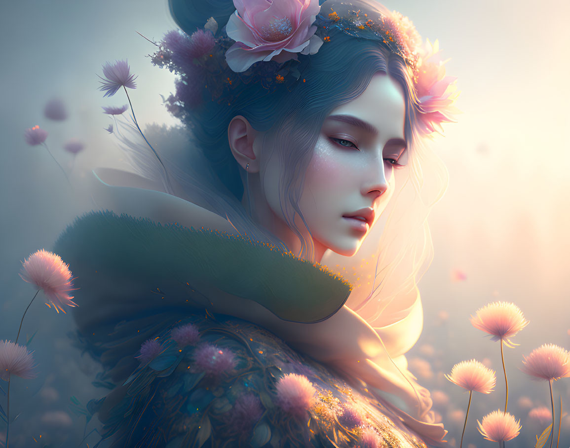 Ethereal woman with floral crown and leaf shawl in soft glow.