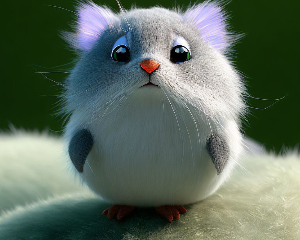 Fluffy Gray Animated Creature with Blue Eyes on Fuzzy Surface