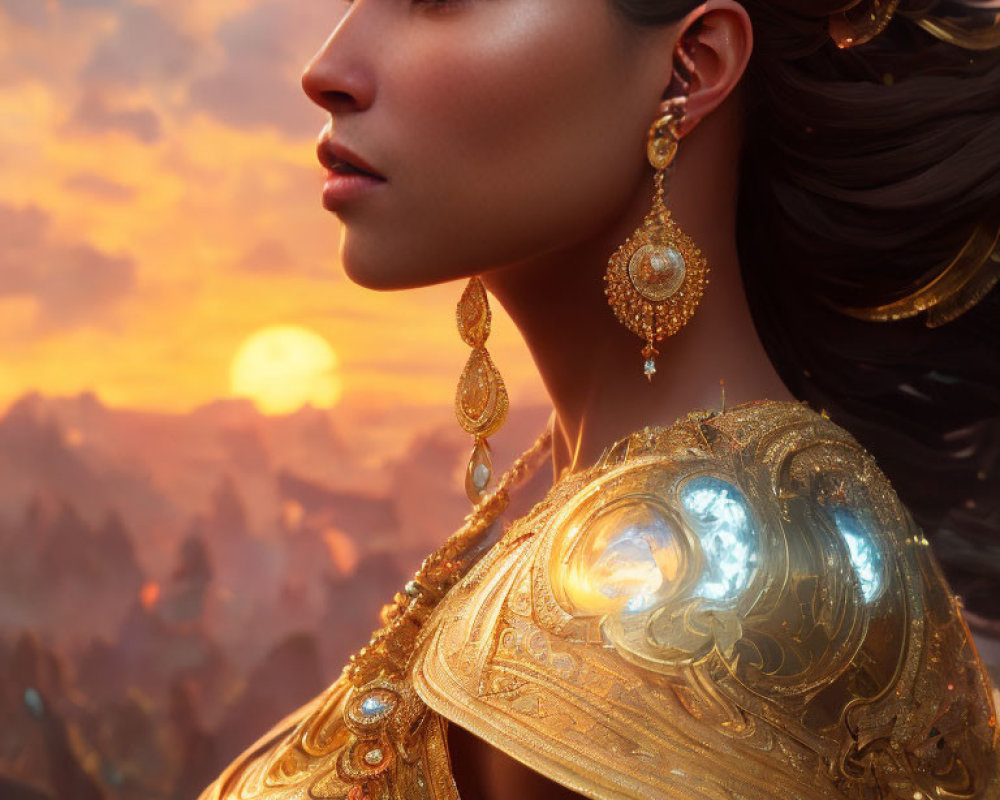 Woman adorned with golden jewelry against sunset and mountains