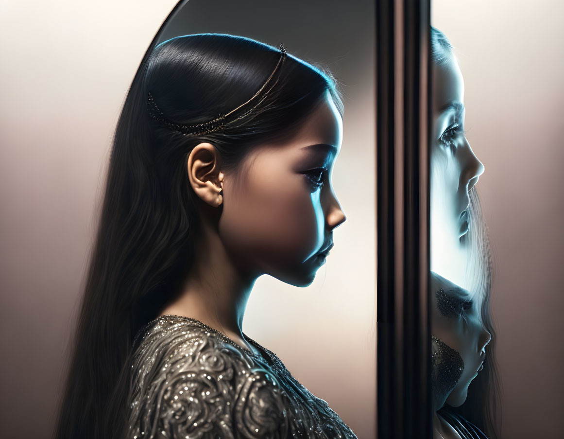 Dark-haired woman gazes at reflection in mirror with headband, profile view.