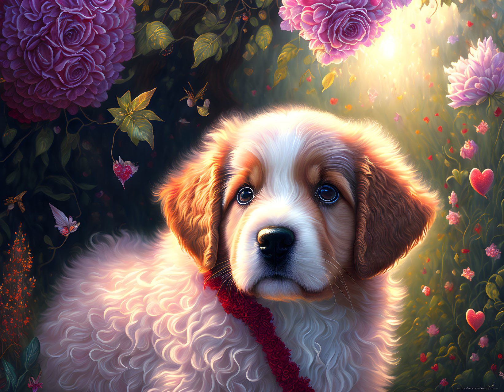 Fluffy Puppy with Red Ribbon Surrounded by Flowers and Butterflies