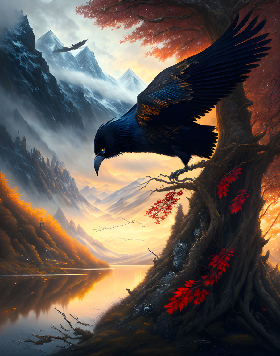 Majestic raven flying over serene lake with red foliage at sunrise