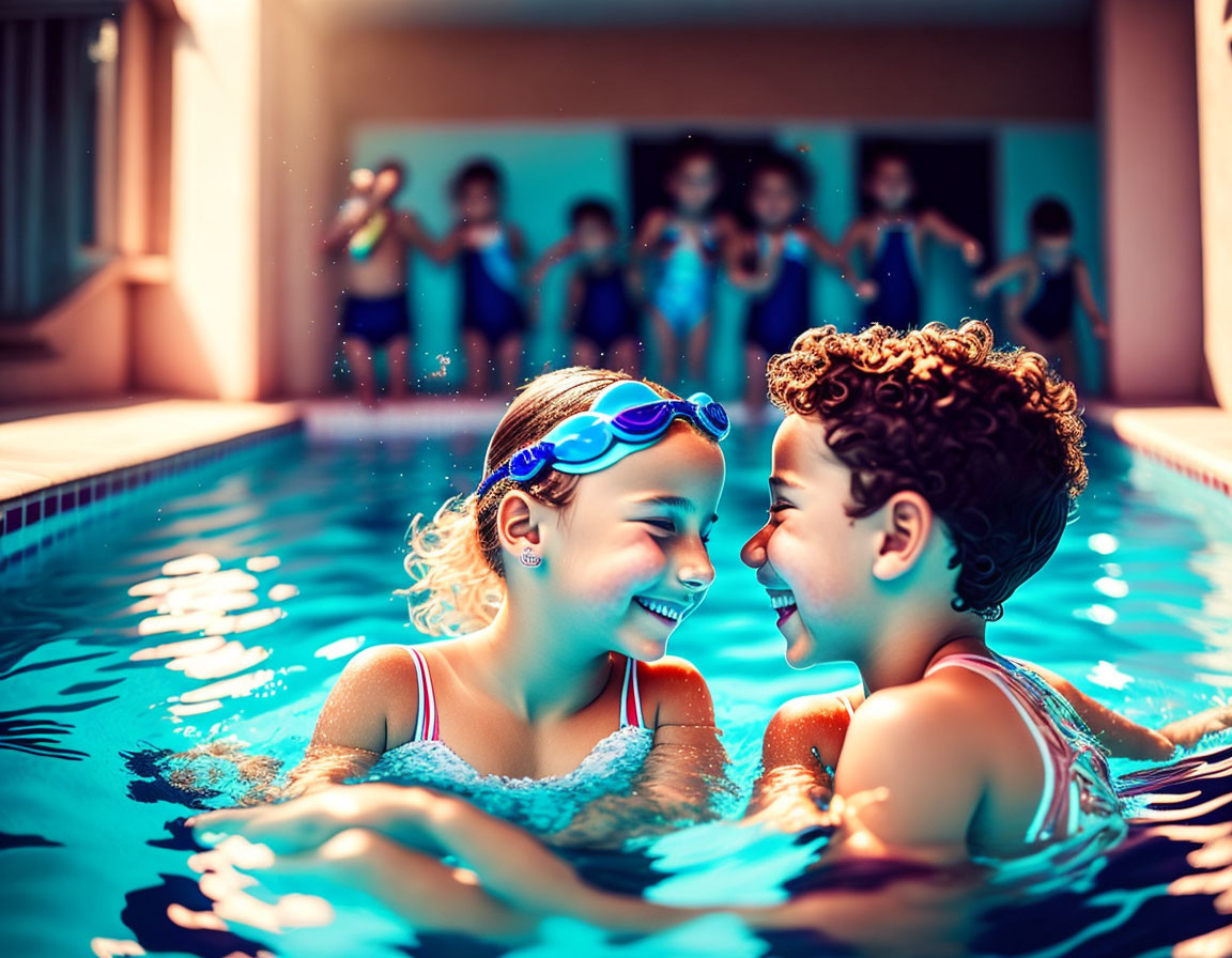 Happy children in goggles smiling at each other in swimming pool