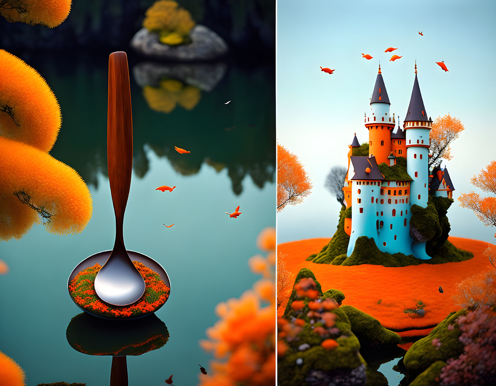 Fantasy landscapes: Spoon reflecting autumn trees on lake, colorful castle in vibrant orange foliage.