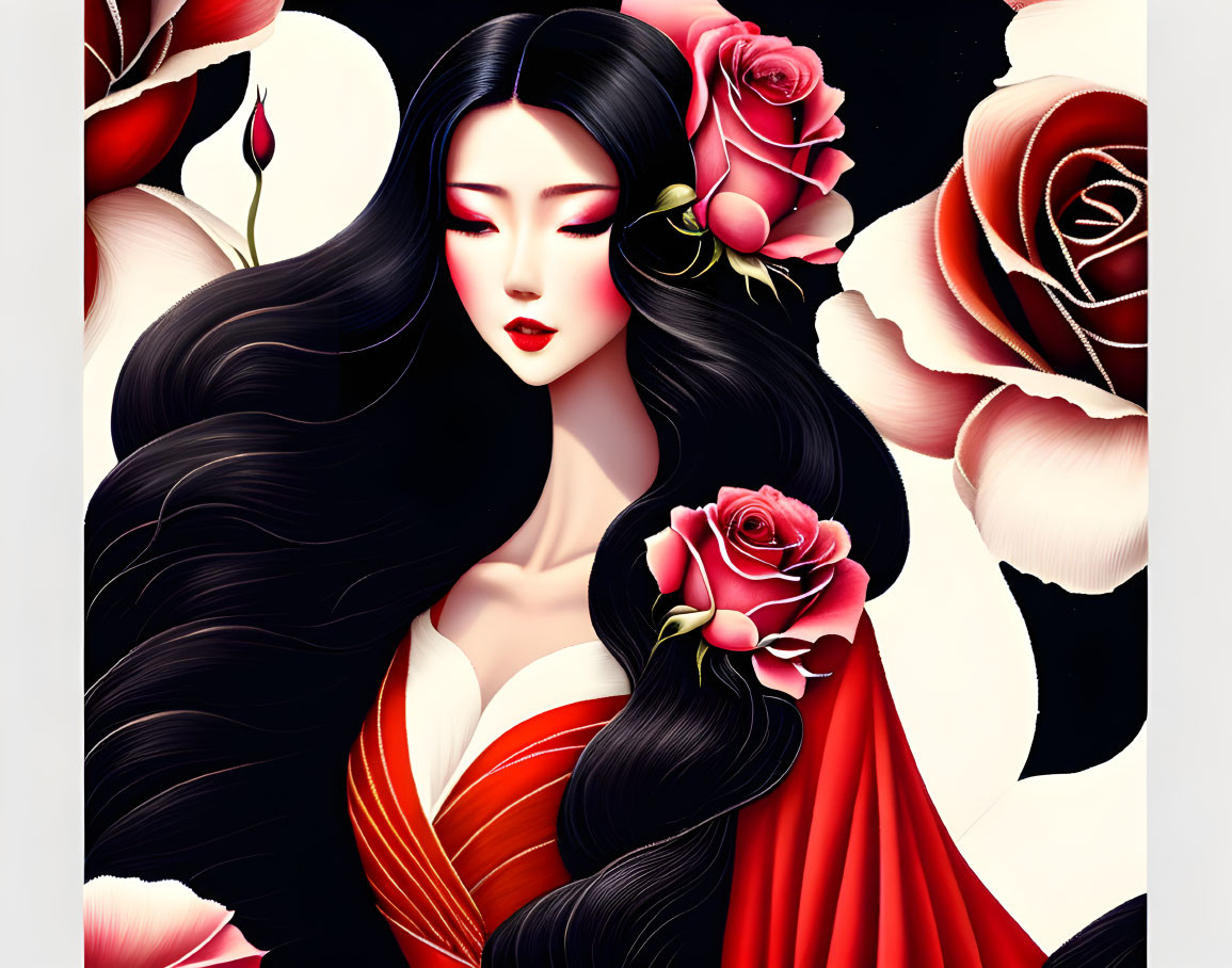 Illustration of woman with dark hair, red dress, and rose motifs