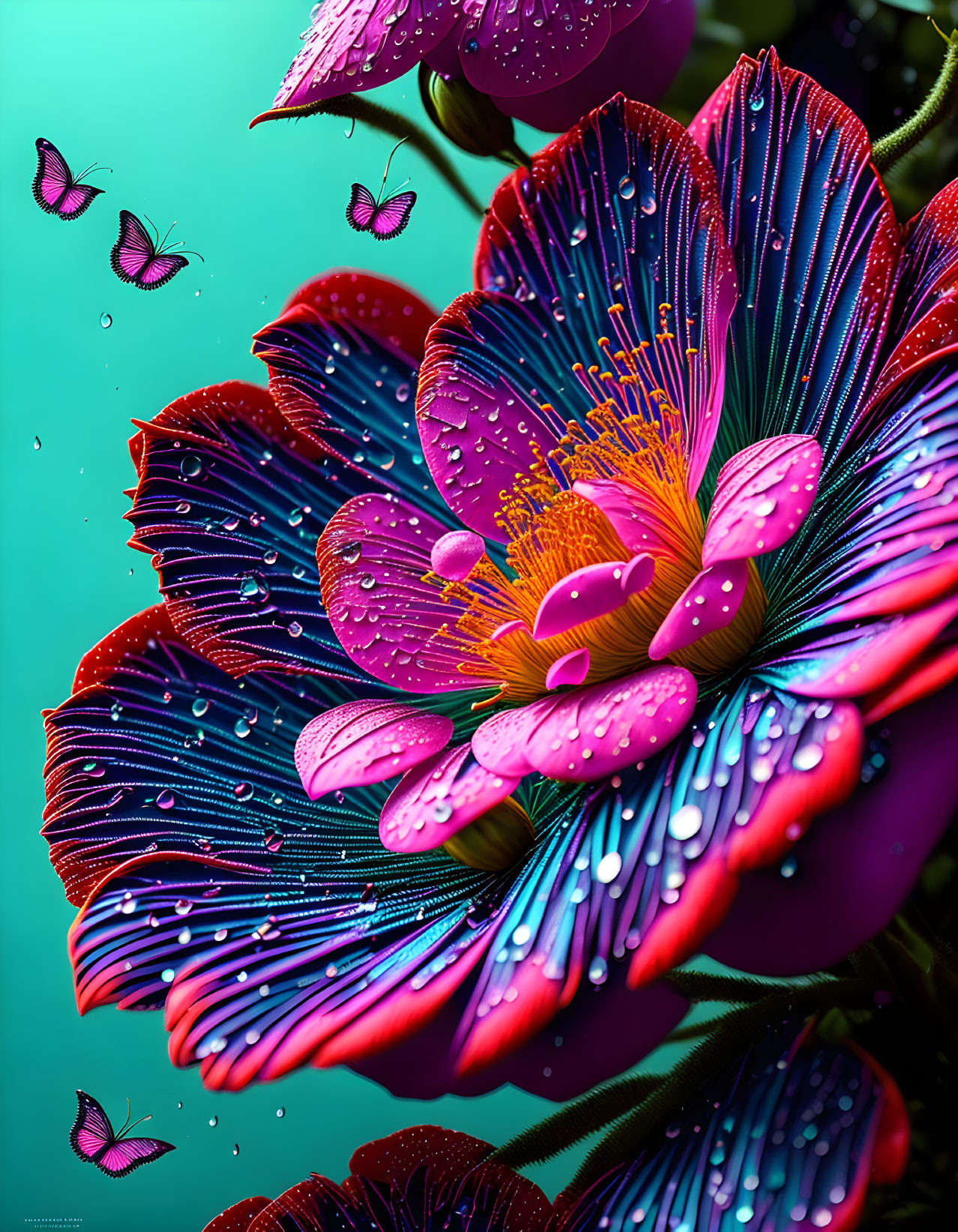 Vivid blue and red flower with water droplets and butterflies on teal background