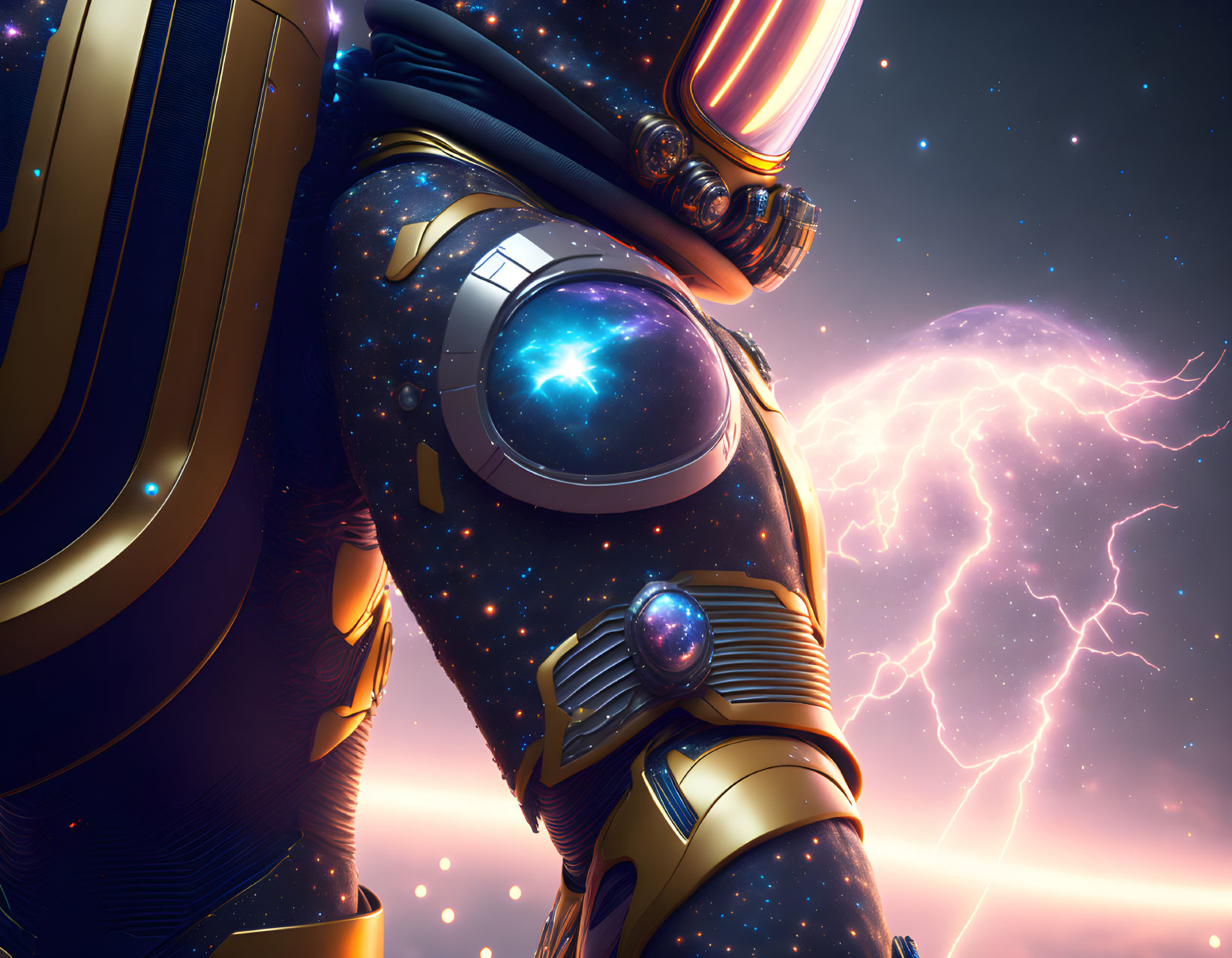 Futuristic armored astronaut with glowing elements in cosmic setting