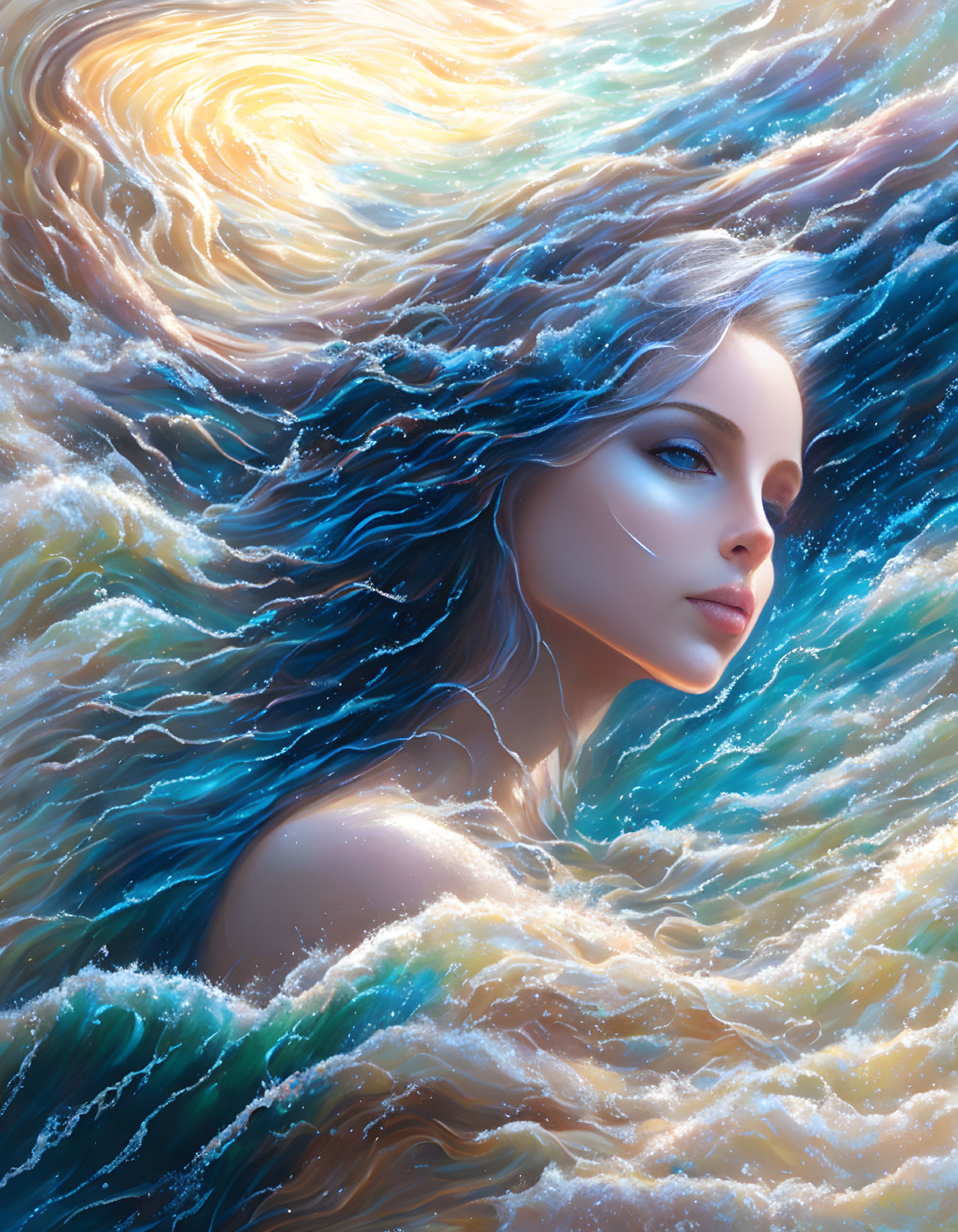 Digital artwork: Woman merging with ocean waves, flowing hair, surrounded by warm light.