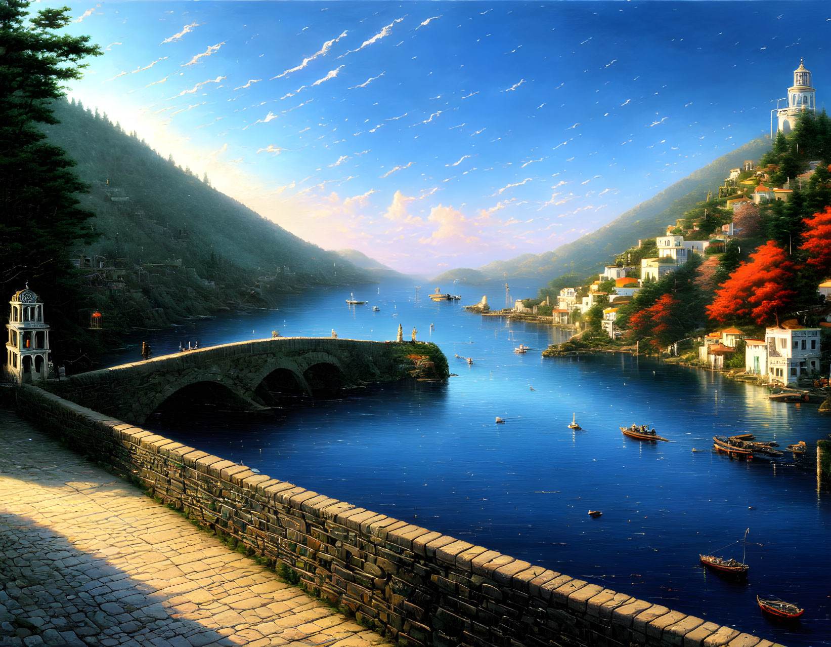 Scenic coastal village with stone bridge, cobblestone paths, boats, colorful foliage, mountains,