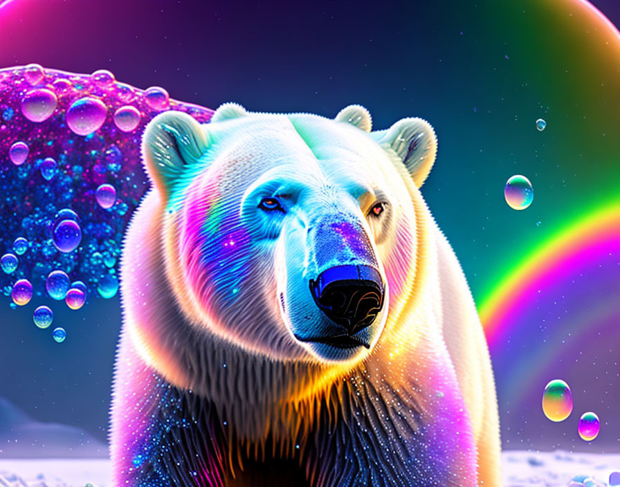 Vibrant Polar Bear in Aurora with Floating Bubbles