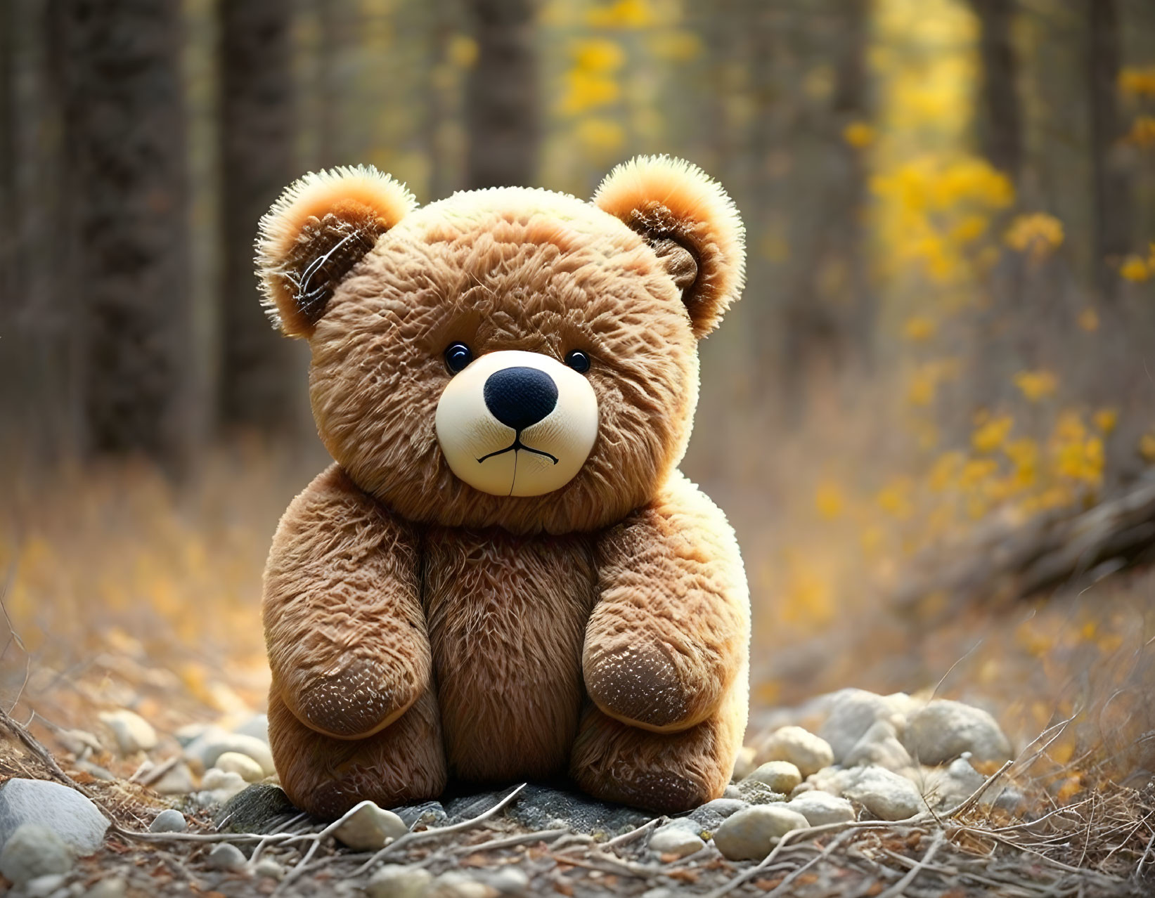 Plush Teddy Bear on Pebbles in Forest Setting