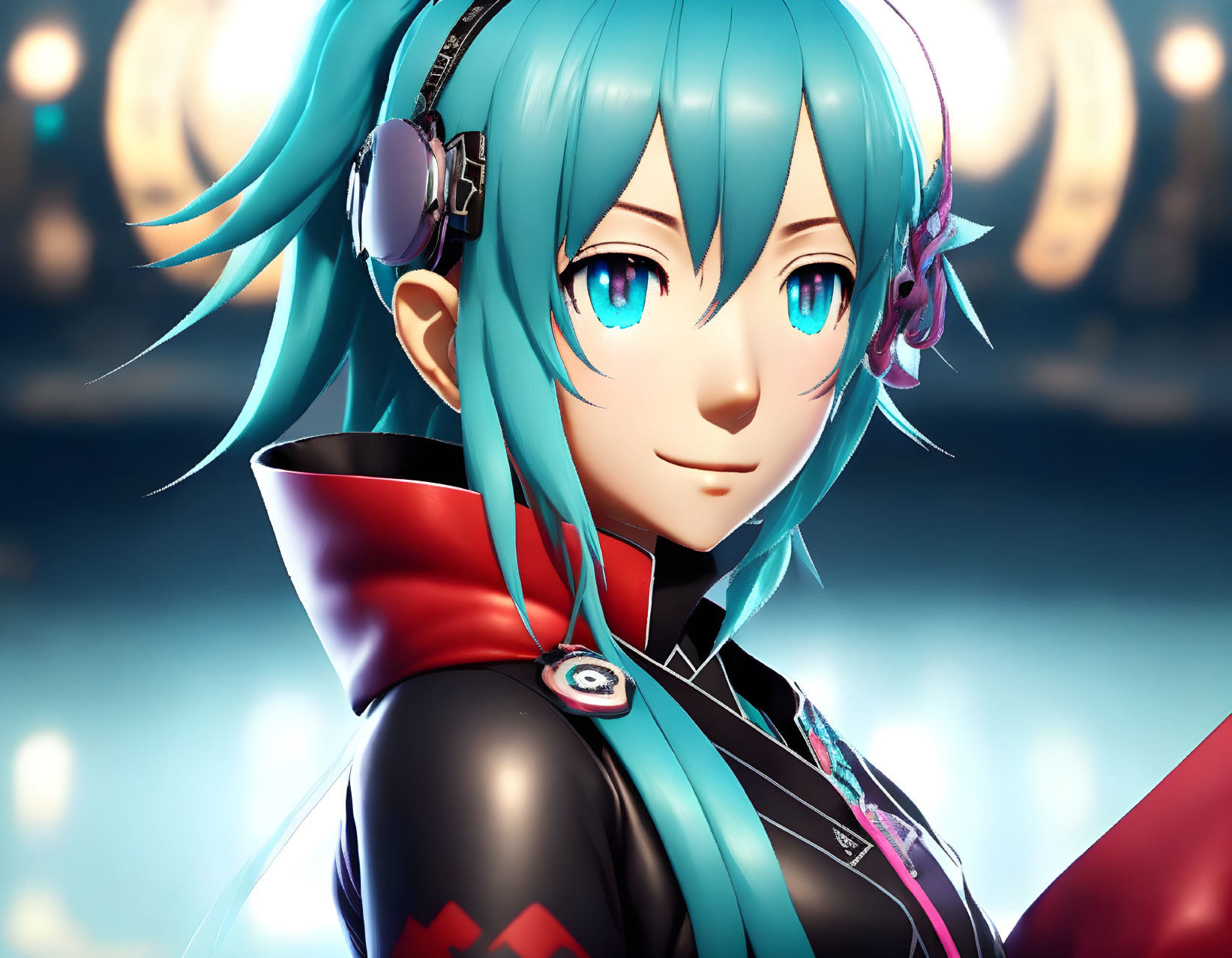 Smiling female anime character with turquoise twintails and headphones